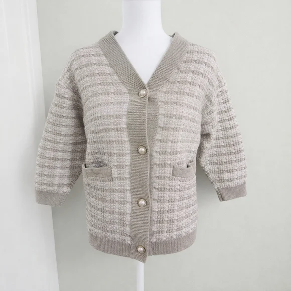 Aritzia Babaton Lacer Cardigan 100% Merino Wool Grey White Tweed Knit Size S - Picture 2 of 11